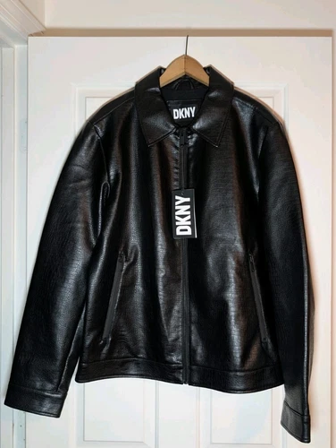 DKNY Men's Faux Leather Classic Laydown Collar Bomber Jacket Dark Green Size L