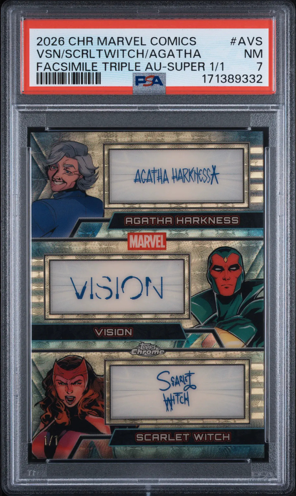 2026Topps Marvel COMICS VSN/SCRLTWITCH/AGATHA FACSIMILE TRIPLE Auto1/1PSA7 BD80
