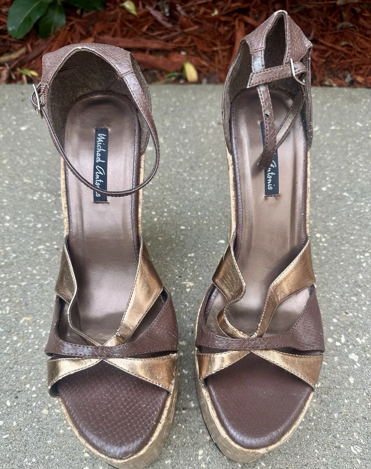 Tacones de cuña Michael Antonio - Talla 10 - Vintage - Tonos marrones/dorados - Plataforma de corcho Foto 3 de 4