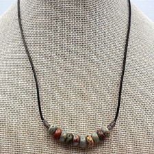Vintage Y2K Brass Tone Beaded Necklace Leather Cord Women's Classic Jewelry