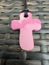Handcrafted Polymer Clay Cross Pendant Necklace On Leather Cord 24 Inches Long