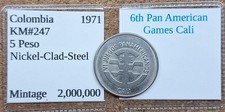 Nice Old Colombia 5 Peso Coin 1971 Vintage 6th Pan American Games Cali !!