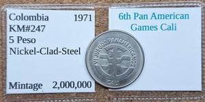 Nice Old Colombia 5 Peso Coin 1971 Vintage 6th Pan American Games Cali !!