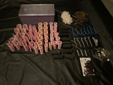 Lot Vtg Plastic Pink Hair Curlers Rollers w Case  Sponge Rollers  Clips  Nets