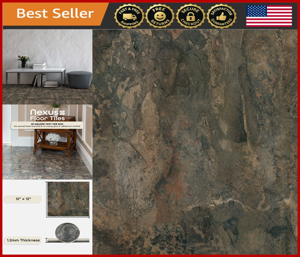 12x12 Dark Slate Marble Peel and Stick Vinyl Floor Tiles DIY Self-Adhesive