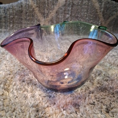 Adam Jablonski Ruffled Handkerchief Glass Bowl Reddish Purple Green Blue Flower