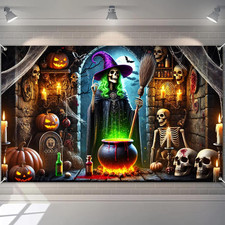 Halloween Witch Banner 71X43 Inch Backdrop with Glowing Pumpkins, Skeletons, Cau