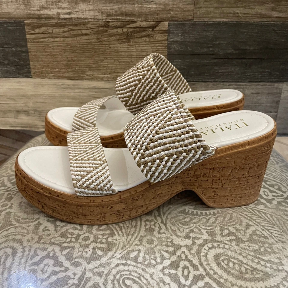 ITALIAN SHOEMAKERS Wedge Sandals Women Size 10 Cork Platform Tan White Woven - Image 2 of 4