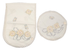 VTG Dresser Scarf 2  Doily Set Stamped Cross Stitch Matching Set Lace Trim