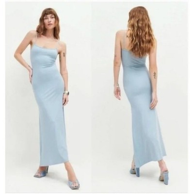 Reformation Cosmo Knit Dress Large Mineral Blue Eco Rib Maxi Slip Dress NWT