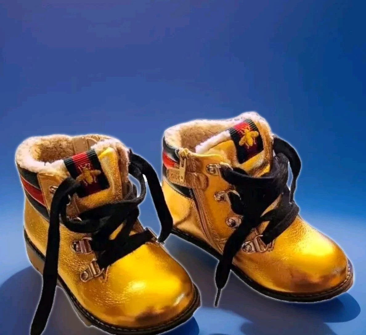 Botte enfant Gucci Johnnatan fourrure écologique métallisée cuir doré EU 26 US 9,5 épuisée