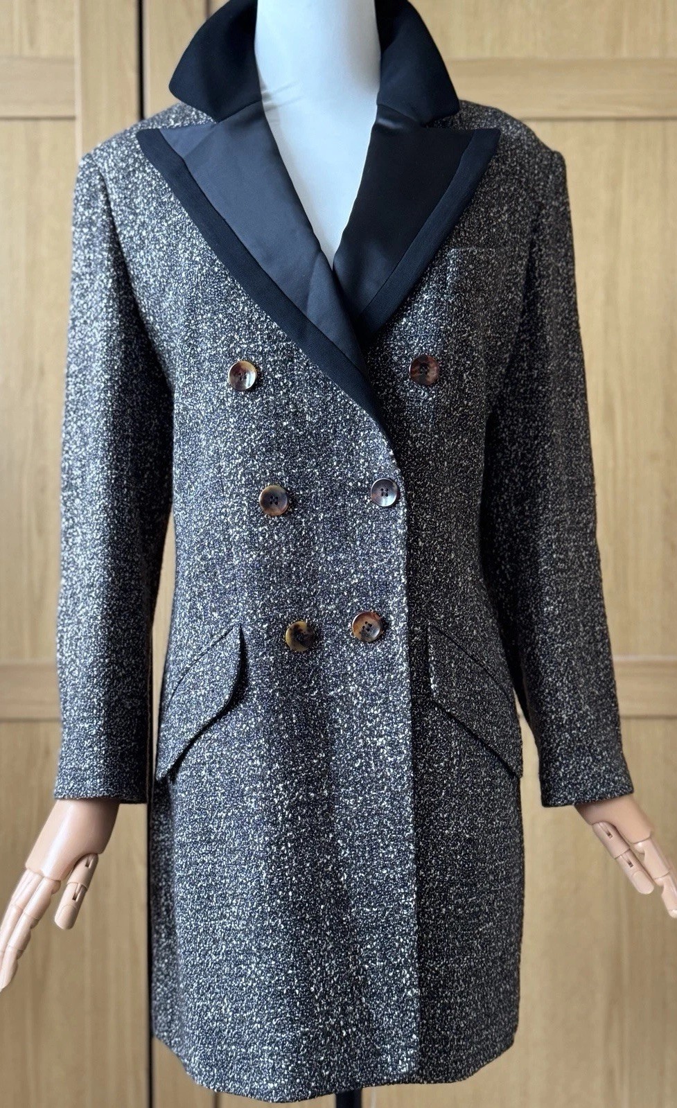 Kenzo Black /Brown Wool Blend Tweed Double Breasted Women’s Coat M Vintage