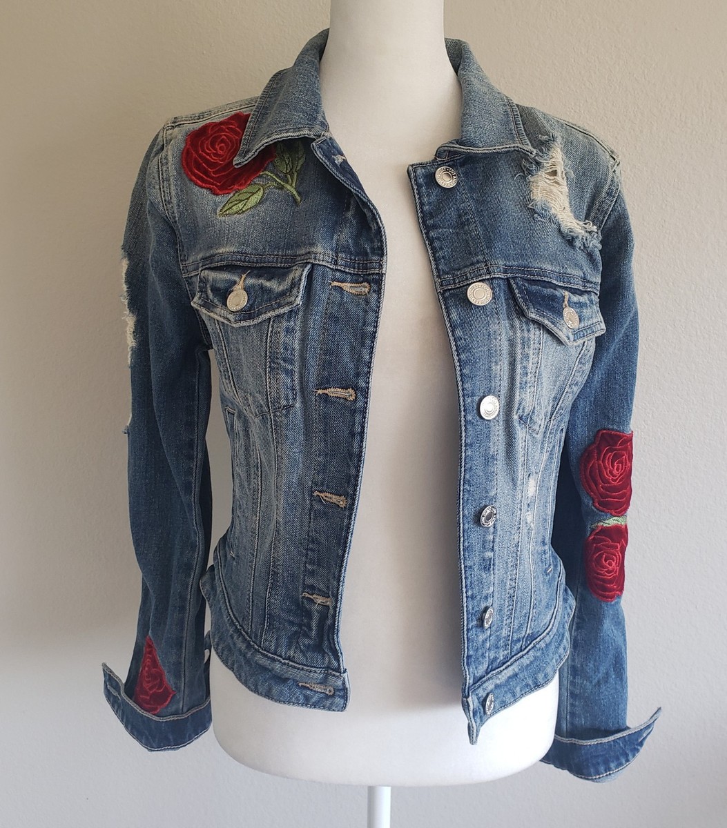 GUESS Distressed Denim Jacket Velvet Embossed Embroidered