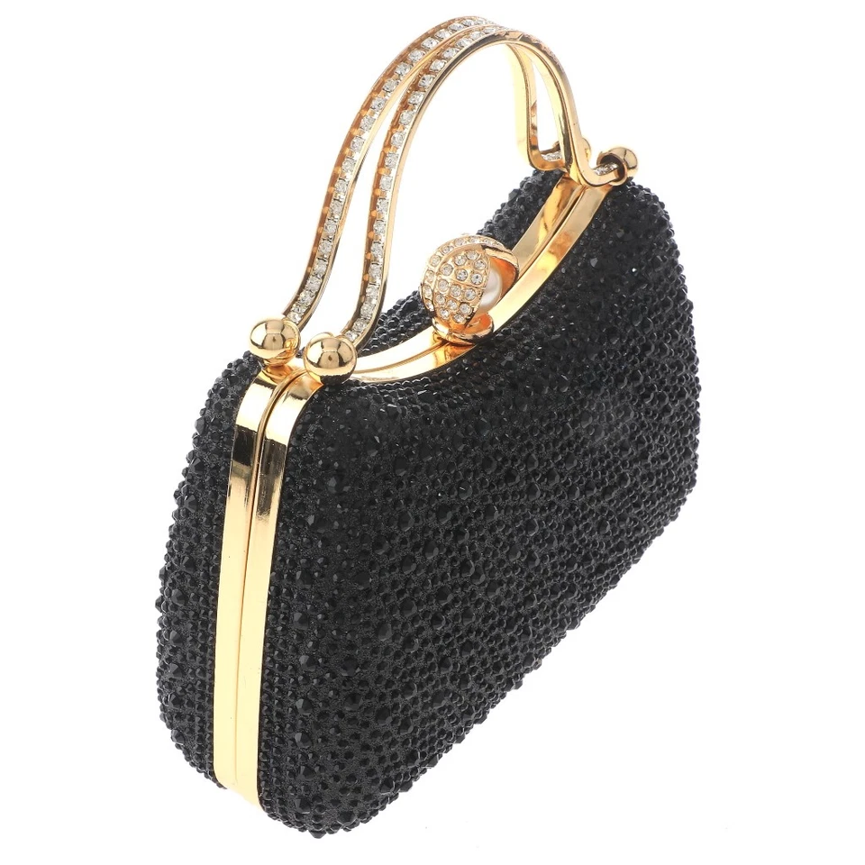 Bolso sin asas de noche de moda con marco de metal dorado con estrás de cristal BZY249-NEGRO Foto 2 de 3