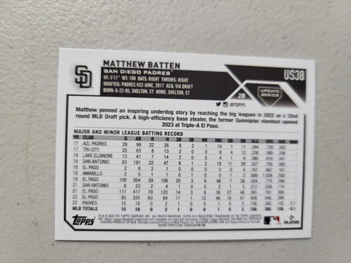 2023 Topps Update Gold Foil Matthew Batten #US38 RC Rookie Baseball NM - Picture 2 of 2