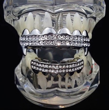 Vampire Fang Grillz Set Two Rows Silver Tone Top And Bottom Hip Hop Teeth Grills