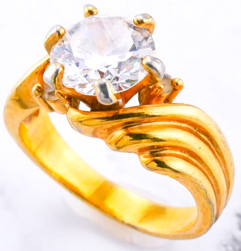 Gold Plated Diamond Simulant Cubic Zirconia Solitaire Accent Ring Size 6.75