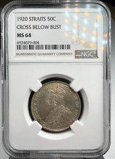 1920 Straits Settlements 50C Fifty Cents, 50, KM# 35.1 Cross Below, NGC MS 64