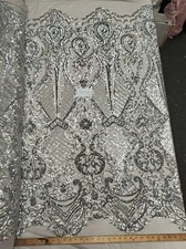 Silver 4 Way Stretch Nylon Spandex Mesh Sequin Embroidered Fabric "Melanie" 
