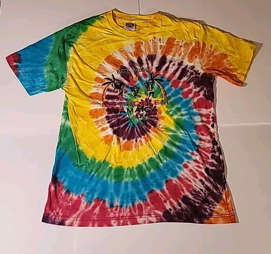 Jamaica Style Icon Tie & Dye T-Shirt Size Large Embroidered Hey Mon No Problem