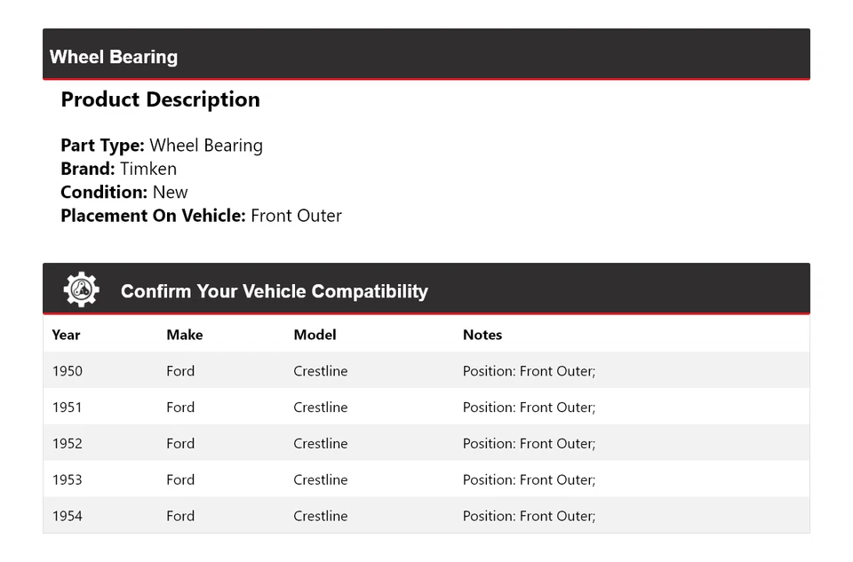 Cojinete de rueda delantero exterior para Ford Crestline 1950-1954 Timken 1951 1952 1953 Foto 2 de 4