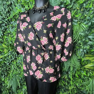 Star Vixen  Tops Women 1XL Black V Neckline Peplum Floral Print Blouse 0031