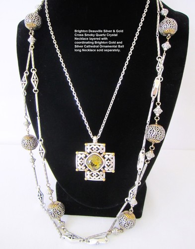 Brighton Deauville Silver & Gold Cross Smoky Quartz Crystal Necklace - RETIRED - Picture 2 of 5