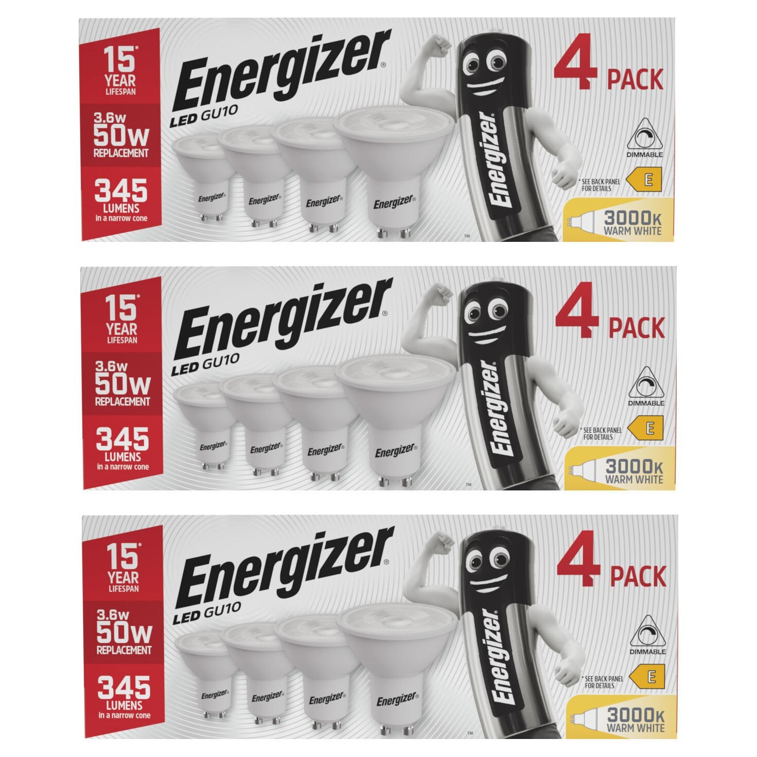 8x Energizer LED GU10 Dimmable Bulbs Spot light 345lm 3.6W 3000K Warm White - Image 4