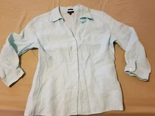 Womens Talbots Linen Dress Shirt 8 Blue Button Blouse