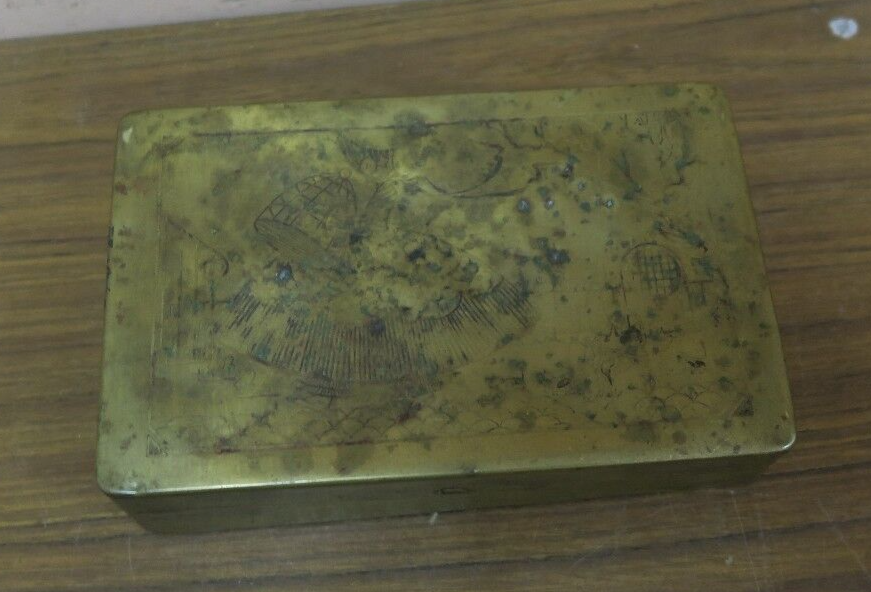 Antique Chinese Pictorial Etched Brass Box 4.5