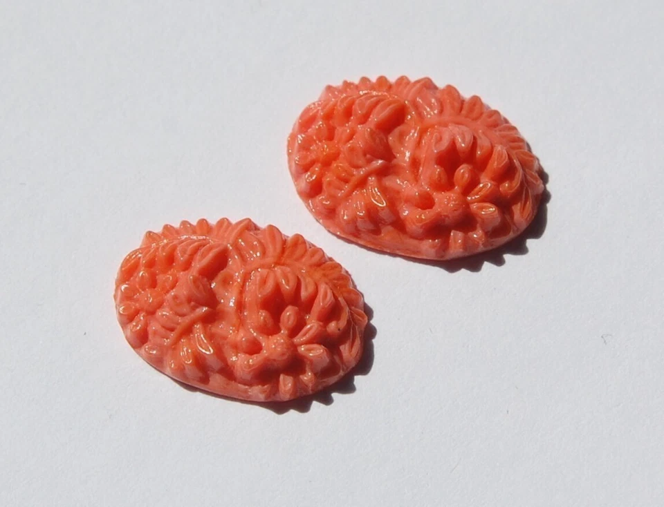 Cabujón floral vintage de vidrio prensado coral 18 mm x 13 mm cabina 138A Foto 2 de 2