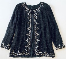 Vintage Silk Beaded Sequin Evening Jacket Black 80s 90s Party Holiday XL 1X