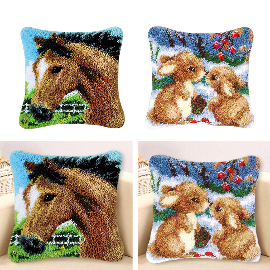 2 Sets Rabbits Horse Latch Hook Kit for Beginners Cushion Cover Embroidery