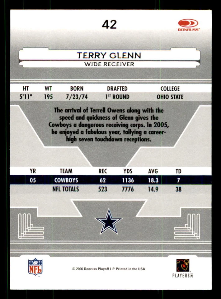 2006 Leaf Certified Materials #42 Terry Glenn Dallas Cowboys - Image 2 of 2