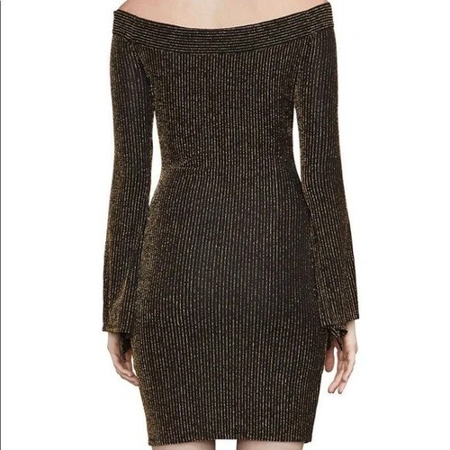 NWT $178 BCBG MAXAZRIA Ellena Metallic Striped Off-the-Shoulder Dress Black Gold - 第 3/7 張圖片