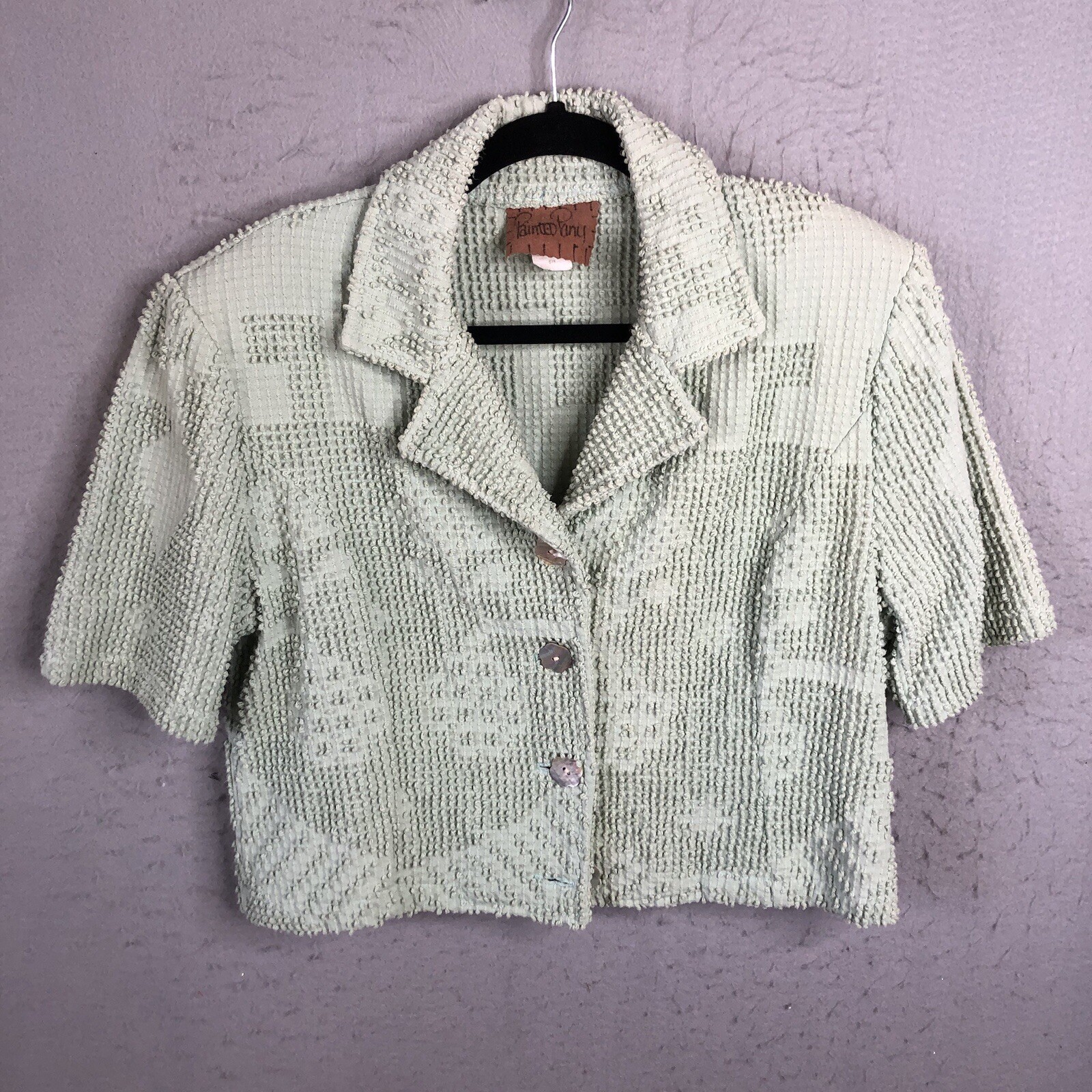 Giacca pony vintage dipinta donna piccola verde menta ciniglia artistica retrò anni 80