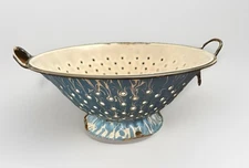 Vtg Blue Swirl Enamelware Graniteware Colander Strainer Primitive 12” Handles