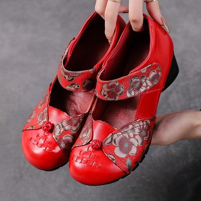 2026 Women's Block Low Heel Mary Janes Leather Comfort Flower Causal Shoes Pumps