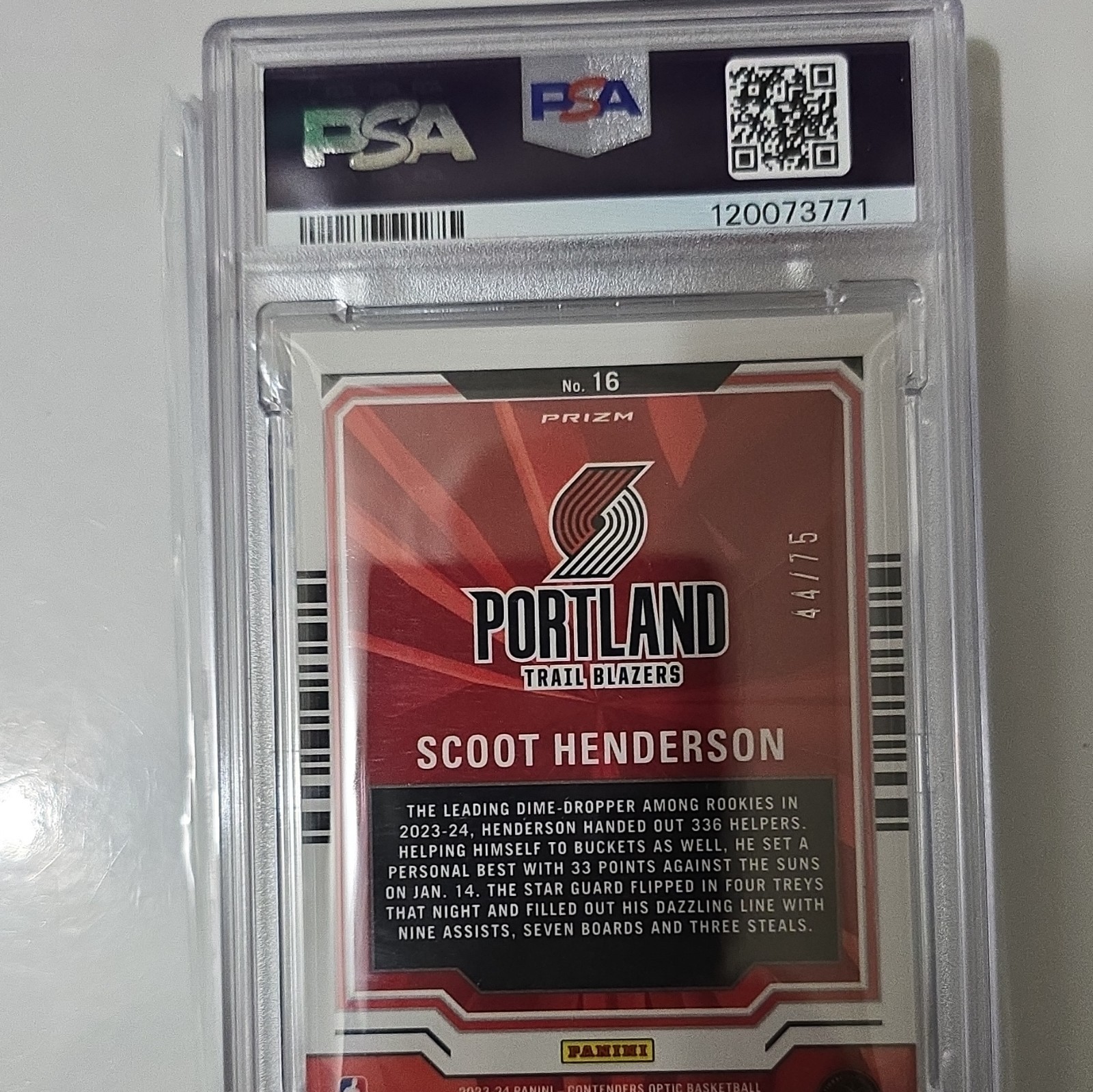 Panini 2023-24 Contenders Optic Playing the Numbers Scoot #16 /75 PSA 9 view 2