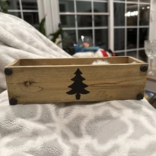 Farmhouse Rustic Decor Wooden Box Decorated W/Christmas Tree On Front 10”x3”x3”
