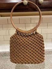 Vintage Crocheted Brown Wooden Hoop Handle Purse Handbag Lined Boho Hippie 70s