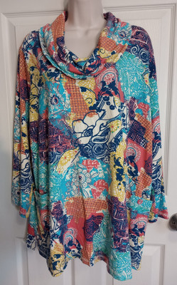 NWT~2X Ali Miles Pullover Soft Knit Top~Cowl Neck~Vibrant Abstract Art~Pockets