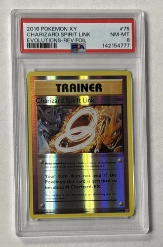 2016 POKEMON XY EVOLUTIONS #75 CHARIZARD SPIRIT LINK - REVERSE FOIL PSA 8 NM-MT