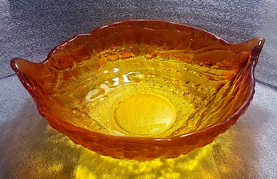 Vintage Tiara Amberina Textured Art Glass Leaf Sunset Bowl 70's-80's