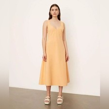 Vince V-Neck Slip Dress with Flowy Back Draping Midi in Tangerine Orange