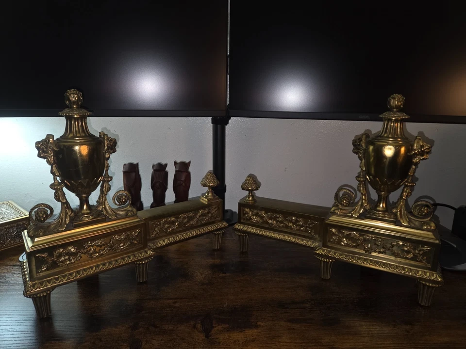 ANTIQUE CHENÈTS ANDIRONS BOUHON FRÈRES 22K GOLD GILDED FIREPLACE DECOR - Image 1 of 4