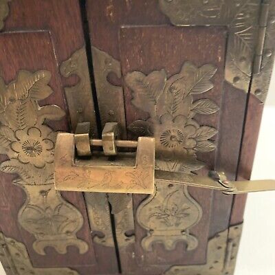 Antique Chinese Wood Brass Jewelry Box Cabinet 1880 Key Lock Antique Chinese Wood Brass Jewelry Box Cabinet 1880 Key Lock