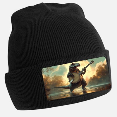 Black Cool T-Rex Banjo Beanie Hat - Unisex Cap, Cotton