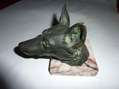 R 212 Presse papier ancien Marbre avec Tête de chien en bronze Berger Allemand - Photo 1/3