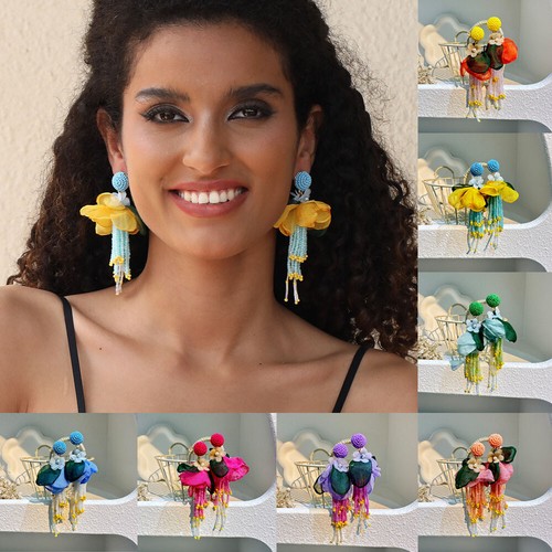 Fabric Drop Earrings Vintage Fashion Tassel Bohemian Statement Handmade Jewelry - Picture 16 of 225